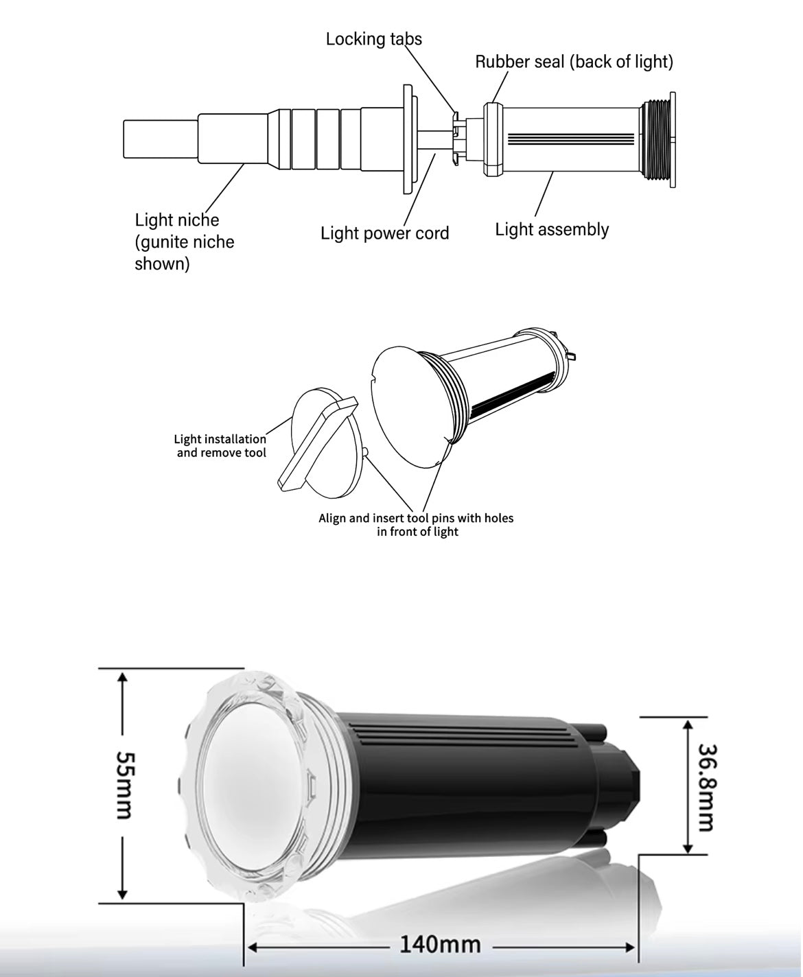 1-1/2 inch pool light replacement for Pentair Globright, Pentair microbright, Jandy watercolors