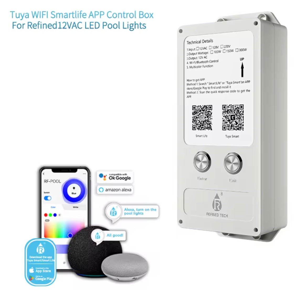 Tuya WIFI Smartlife APP control box for LED pool lights with smartphone and smart speaker icons.