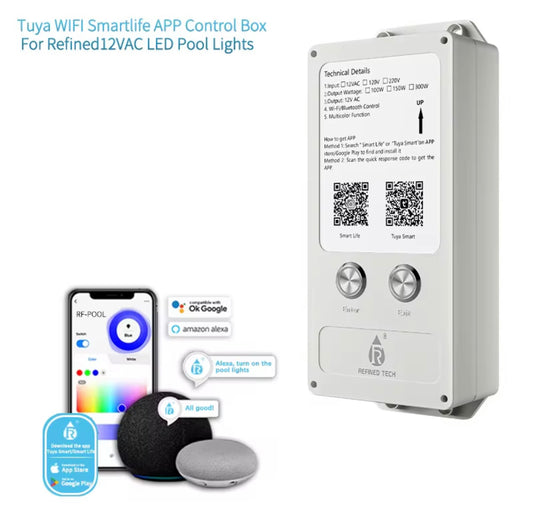 Tuya WIFI Smartlife APP control box for LED pool lights with smartphone and smart speaker icons.