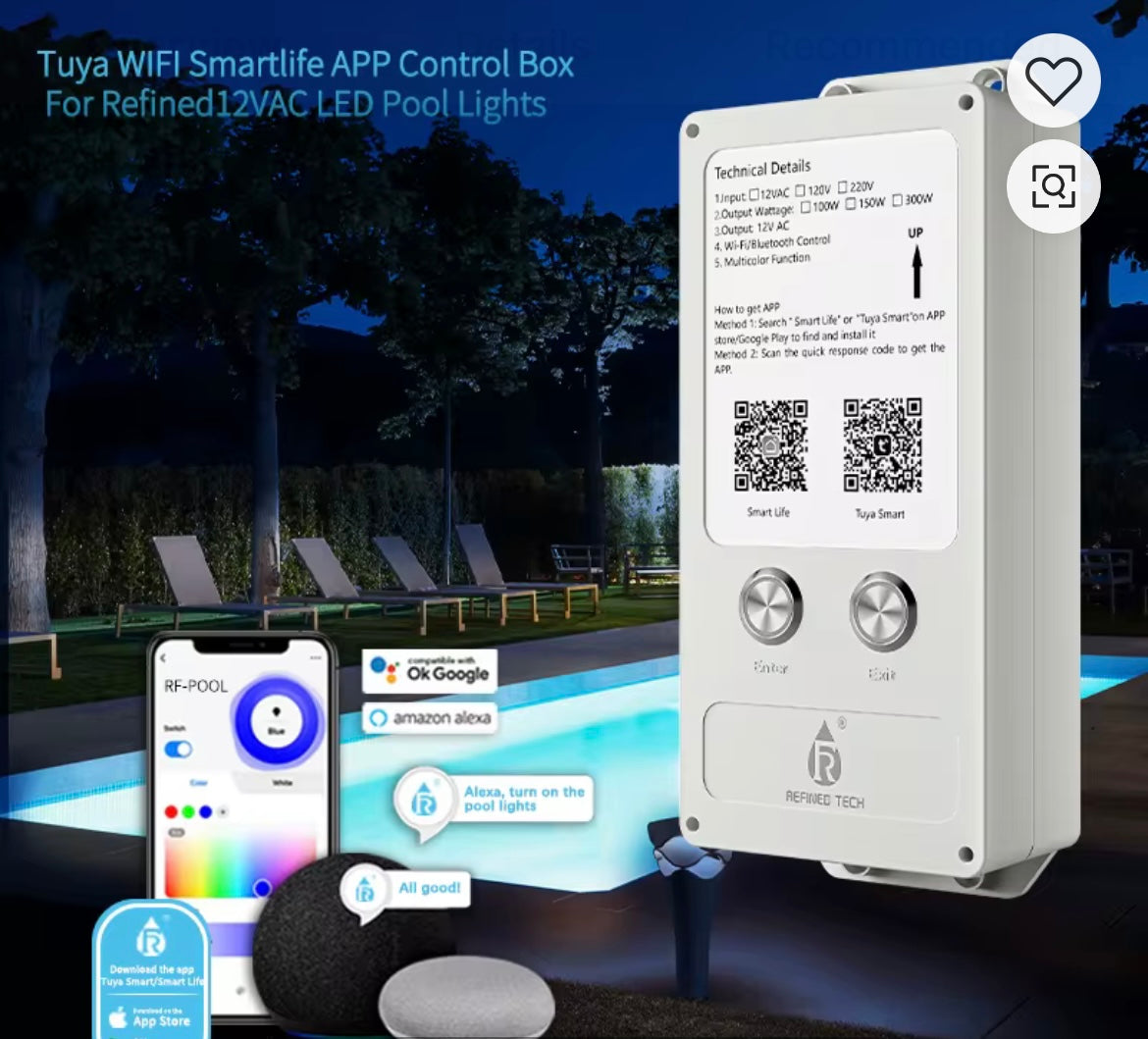 Tuya WIFI Smartlife APP Control Box for LED pool lights with app interface displayed.